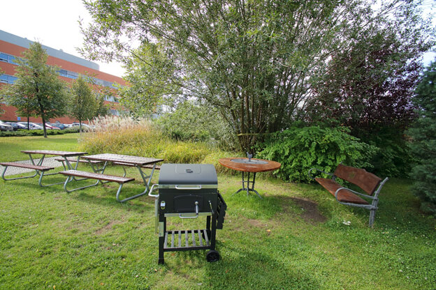 Large pool surroundings with equipment for barbecue